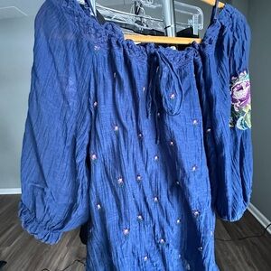 Blue Embroidered Off-Shoulder Top